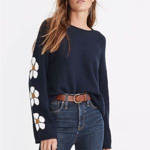 Madewell Belmore Floral-Sleeve Pullover Sweater in Coziest Textured Yarn
